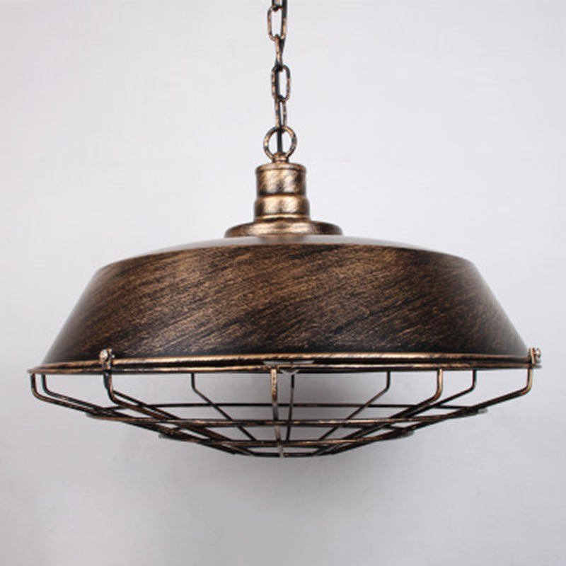 1-Light Wrought Iron Lid Shaped Hanging Light Retro Industry Style Iron Cage Shade Pendant Lamp for Restaurant