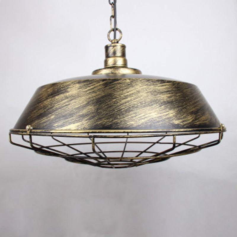 1-Light Wrought Iron Lid Shaped Hanging Light Retro Industry Style Iron Cage Shade Pendant Lamp for Restaurant