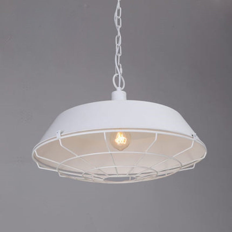 1-Light Wrought Iron Lid Shaped Hanging Light Retro Industry Style Iron Cage Shade Pendant Lamp for Restaurant