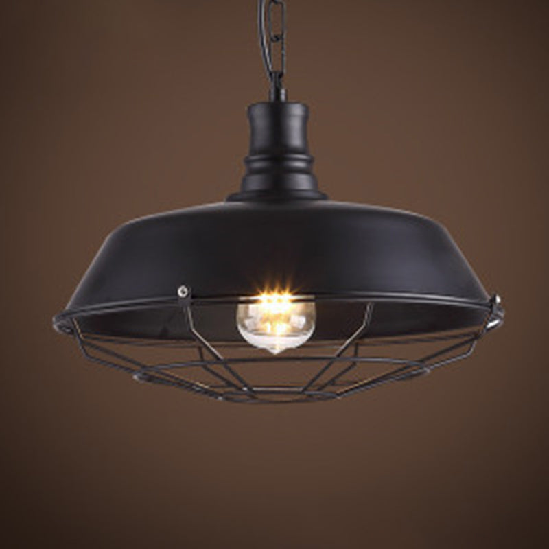 1-Light Wrought Iron Lid Shaped Hanging Light Retro Industry Style Iron Cage Shade Pendant Lamp for Restaurant