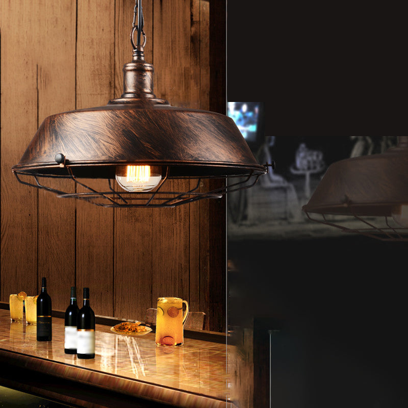 1-Light Wrought Iron Lid Shaped Hanging Light Retro Industry Style Iron Cage Shade Pendant Lamp for Restaurant