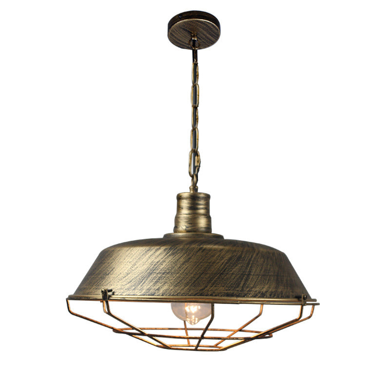 1-Light Wrought Iron Lid Shaped Hanging Light Retro Industry Style Iron Cage Shade Pendant Lamp for Restaurant