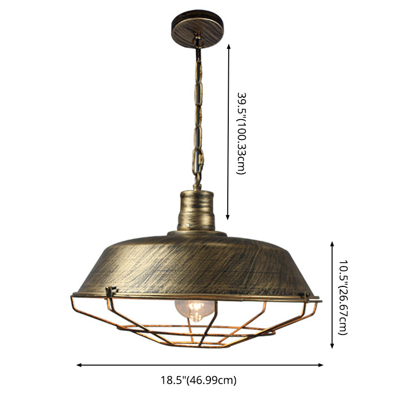 1-Light Wrought Iron Lid Shaped Hanging Light Retro Industry Style Iron Cage Shade Pendant Lamp for Restaurant