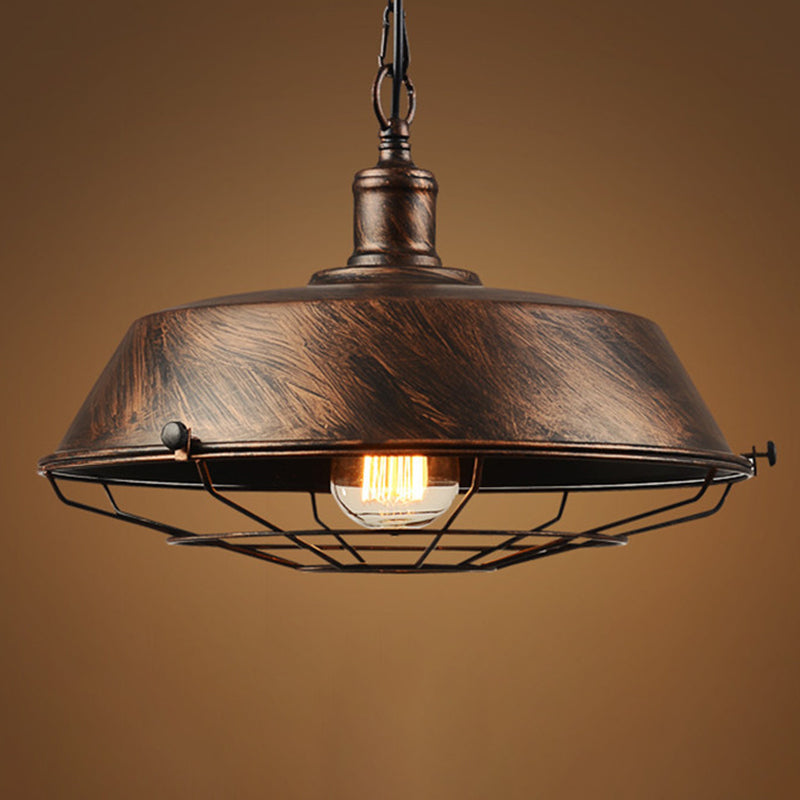 1-Light Wrought Iron Lid Shaped Hanging Light Retro Industry Style Iron Cage Shade Pendant Lamp for Restaurant