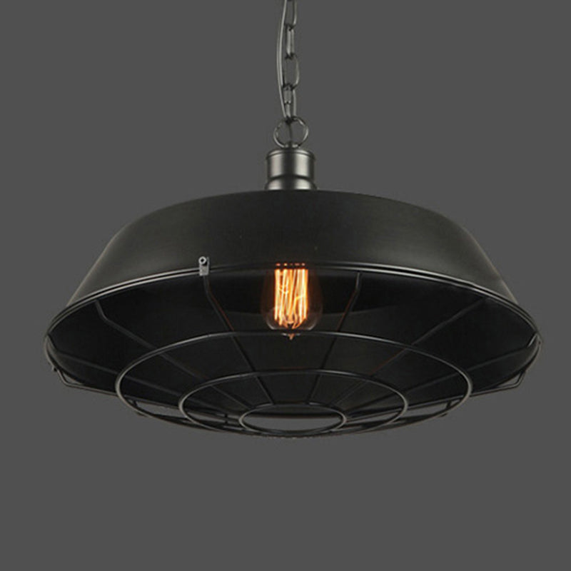 1-Light Wrought Iron Lid Shaped Hanging Light Retro Industry Style Iron Cage Shade Pendant Lamp for Restaurant