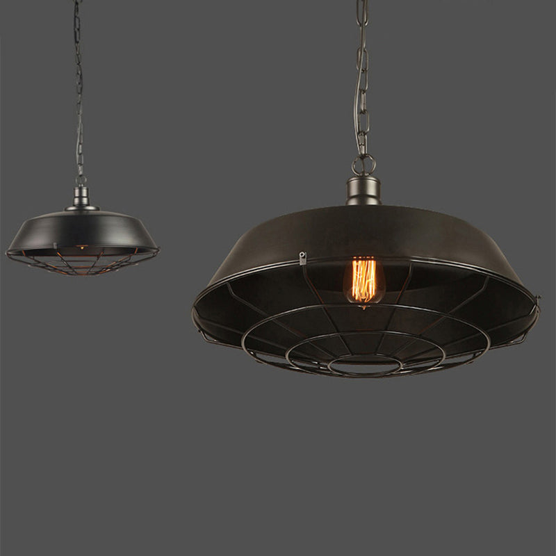1-Light Wrought Iron Lid Shaped Hanging Light Retro Industry Style Iron Cage Shade Pendant Lamp for Restaurant