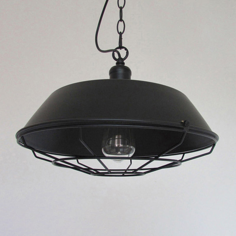 1-Light Wrought Iron Lid Shaped Hanging Light Retro Industry Style Iron Cage Shade Pendant Lamp for Restaurant
