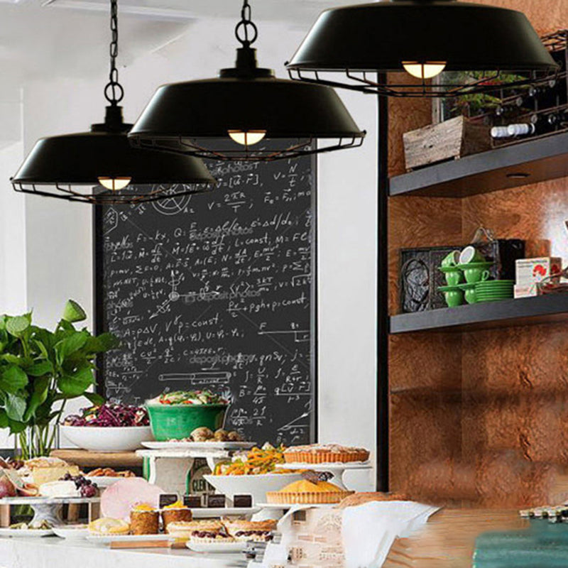 1-Light Wrought Iron Lid Shaped Hanging Light Retro Industry Style Iron Cage Shade Pendant Lamp for Restaurant