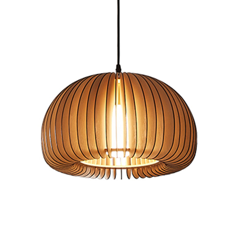 Pumpkin Shaped Wooden Hanging Lamp Modern 1-Light Suspension Light Fixture