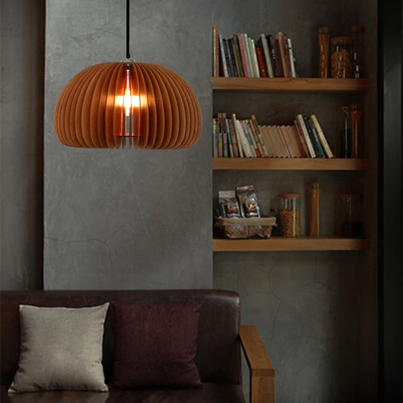 Pumpkin Shaped Wooden Hanging Lamp Modern 1-Light Suspension Light Fixture