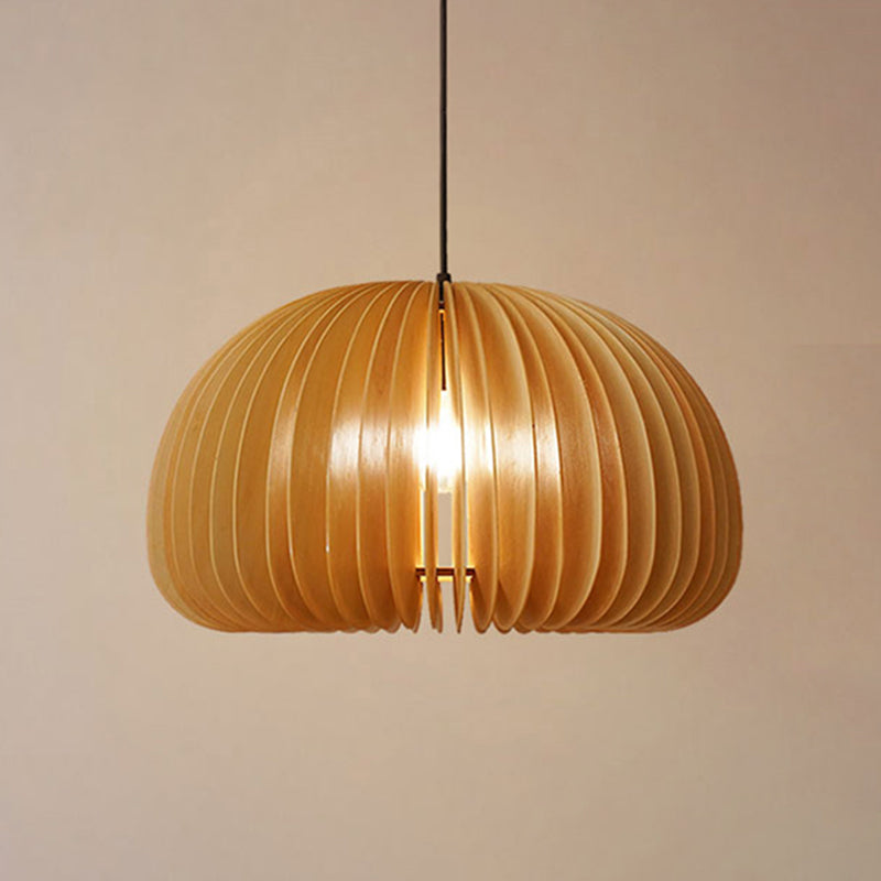 Pumpkin Shaped Wooden Hanging Lamp Modern 1-Light Suspension Light Fixture