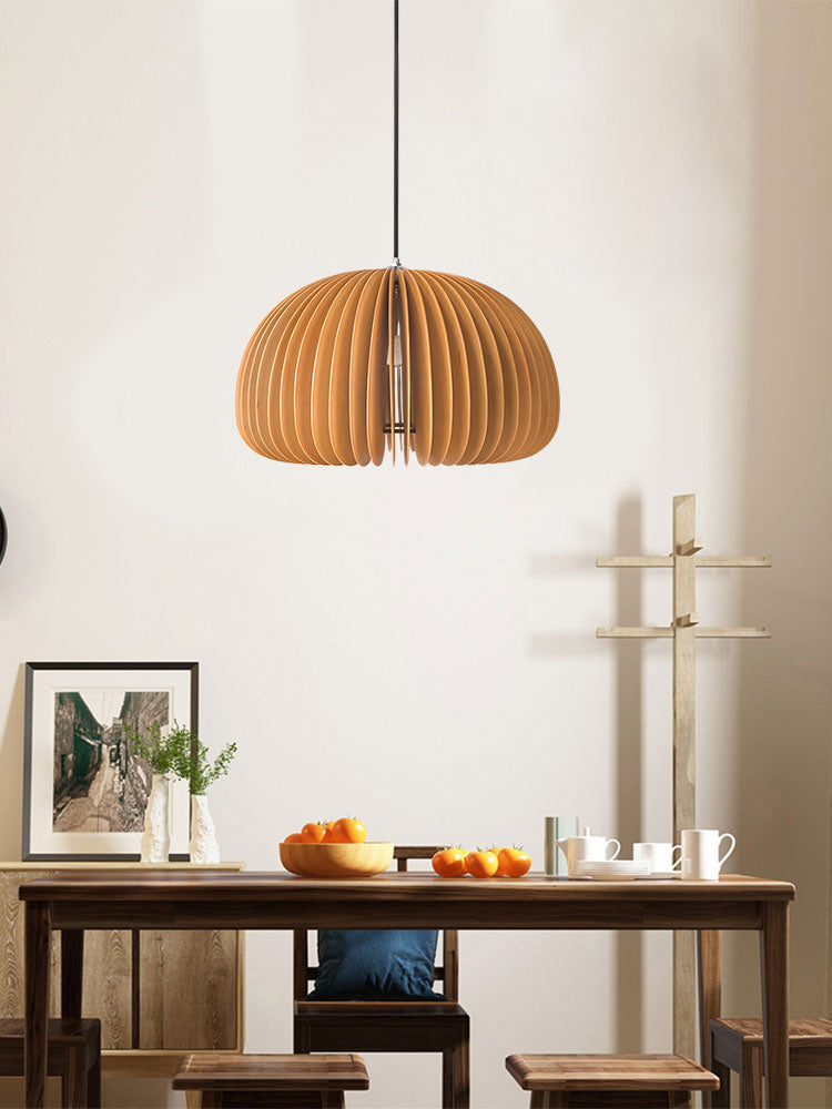 Pumpkin Shaped Wooden Hanging Lamp Modern 1-Light Suspension Light Fixture