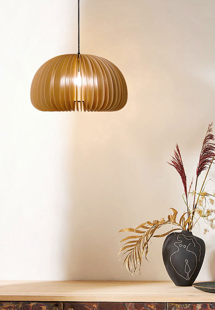 Pumpkin Shaped Wooden Hanging Lamp Modern 1-Light Suspension Light Fixture