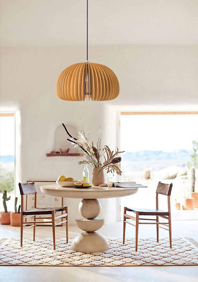 Pumpkin Shaped Wooden Hanging Lamp Modern 1-Light Suspension Light Fixture