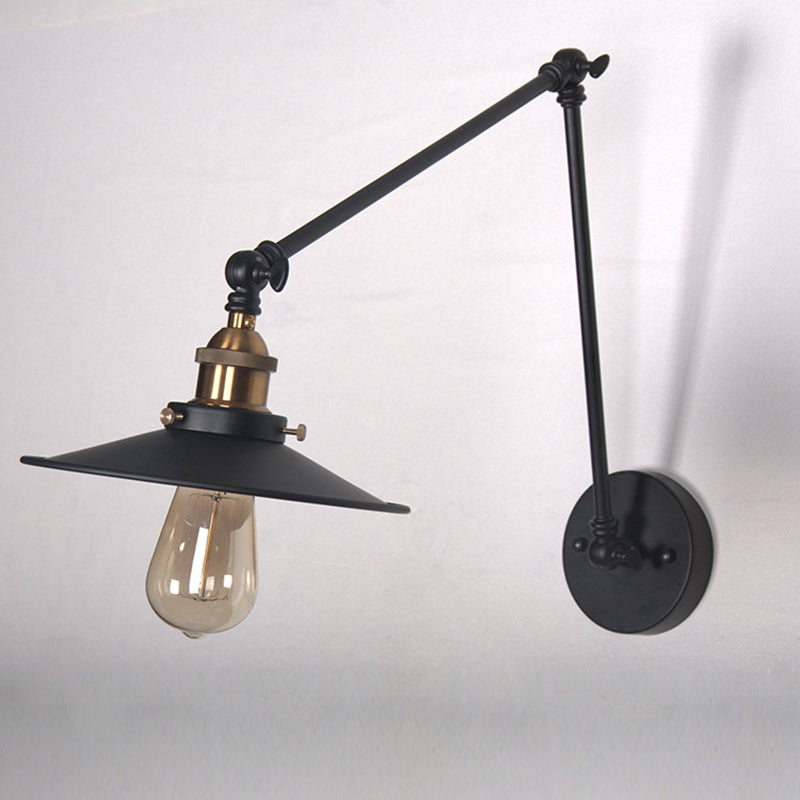 2-Sections Swing Arm Industry Style Wall Lamp Black Metal Cone Shade 1-Light Retro Sconce Lights