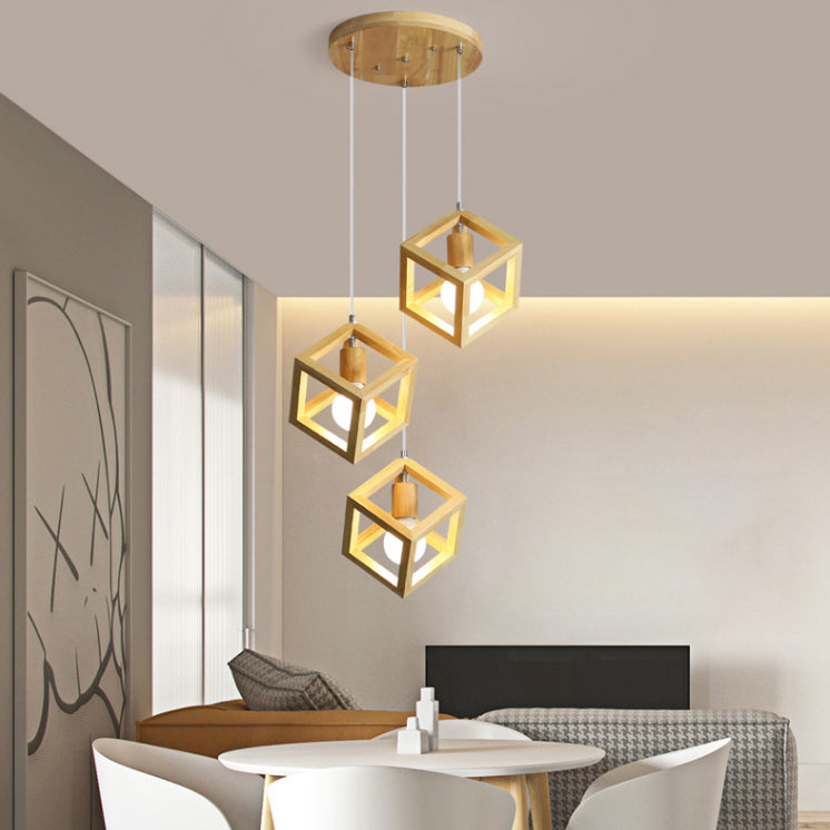 Geometric Dining Room Pendant Light Fixture Wooden Minimalist Hanging Lamp in Beige
