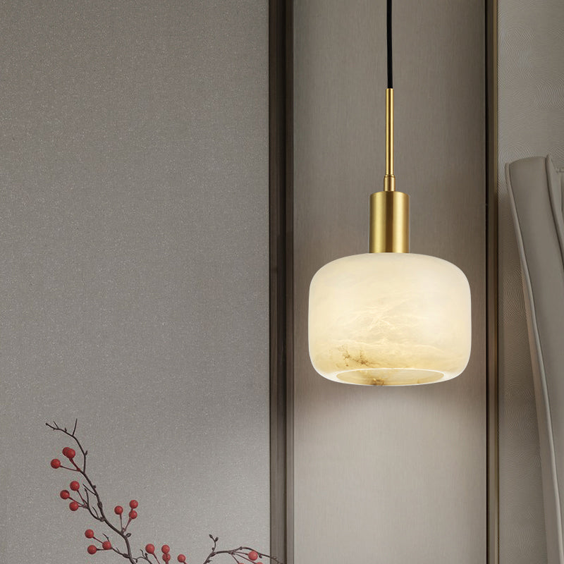 Stone Cylinder Pendant Light Fixture Modern Style Suspension Pendant Light in Brass