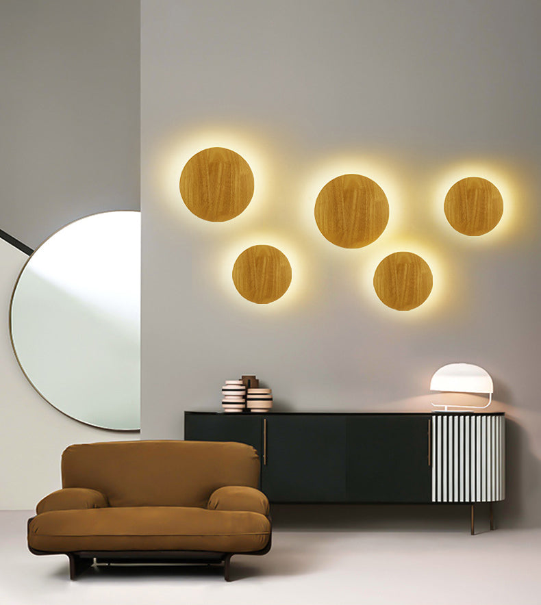 Blockfarbe kreisförmige Wandleuchten im modernen prägnanten Stil schmiedeeisere LED -Wandlampe mit Holzschatten