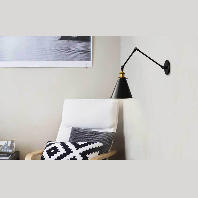 10"+10" 2-Sections Swing Arm Wall Mount Light Single Bulb Retro Industrial Style Coffee Shop Sconce Lights in Matte Black