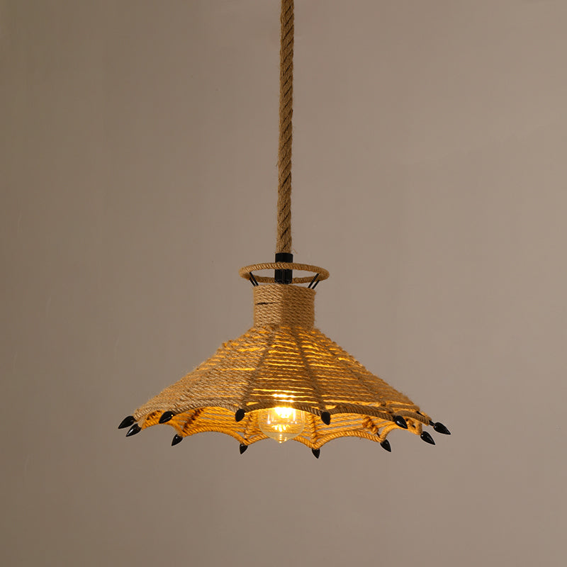 Hand-Woven Hemp Rope Pendant Country Style 1 Head Dining Room Suspension Light in Beige