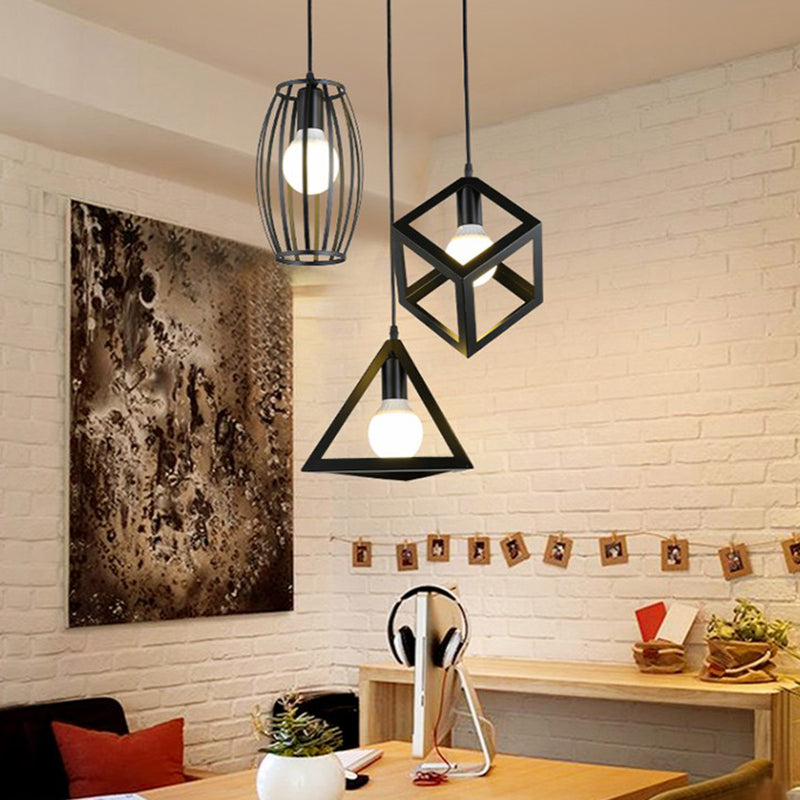 Industrial Cage Pendant Lighting 1-Light Metal Drop Lamp in Black for Restaurant