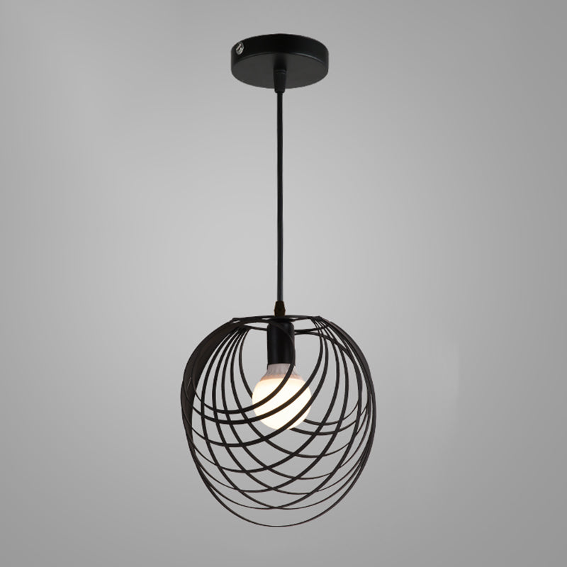 Industrial Cage Pendant Lighting 1-Light Metal Drop Lamp in Black for Restaurant