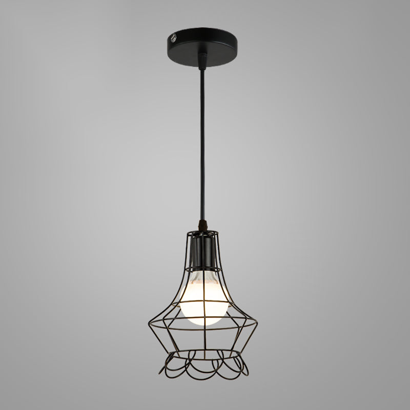 Industrial Cage Pendant Lighting 1-Light Metal Drop Lamp in Black for Restaurant
