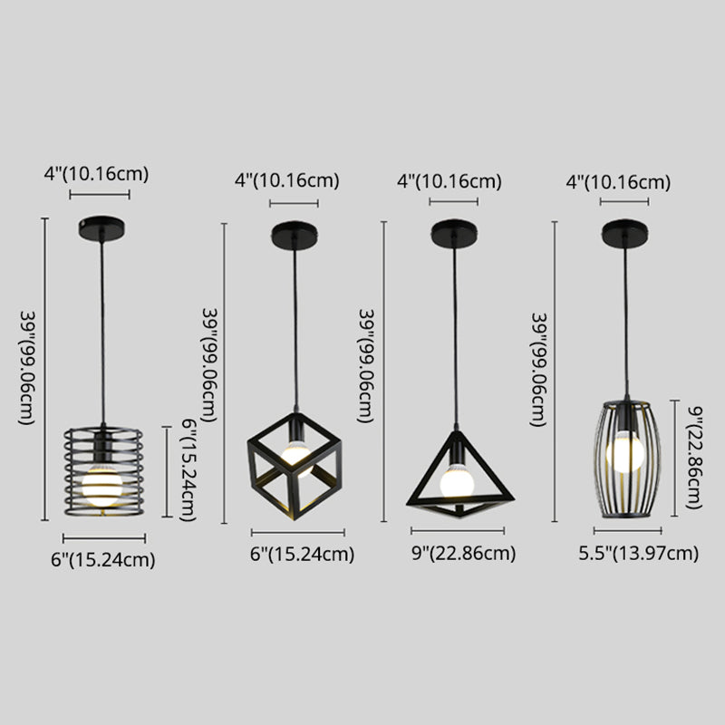 Industrial Cage Pendant Lighting 1-Light Metal Drop Lamp in Black for Restaurant