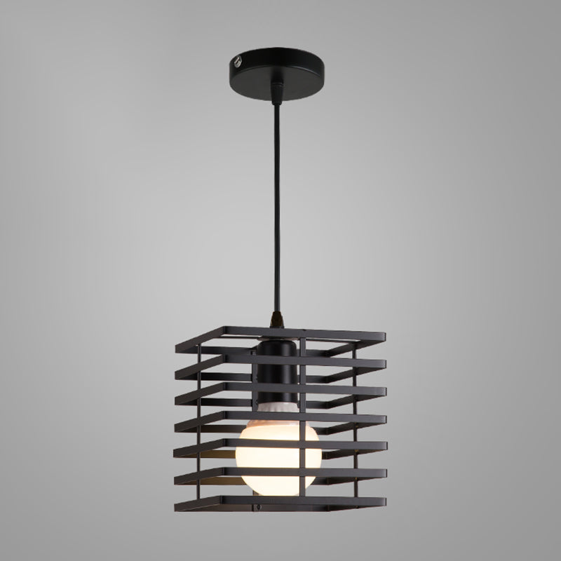 Industrial Cage Pendant Lighting 1-Light Metal Drop Lamp in Black for Restaurant