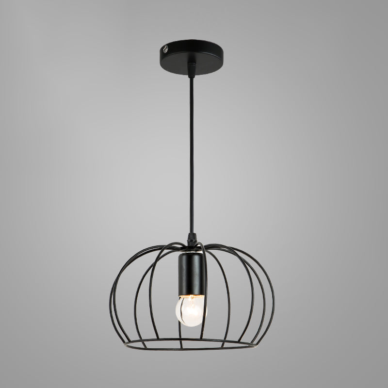 Industrial Cage Pendant Lighting 1-Light Metal Drop Lamp in Black for Restaurant