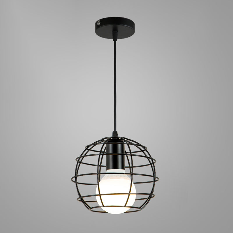 Industrial Cage Pendant Lighting 1-Light Metal Drop Lamp in Black for Restaurant