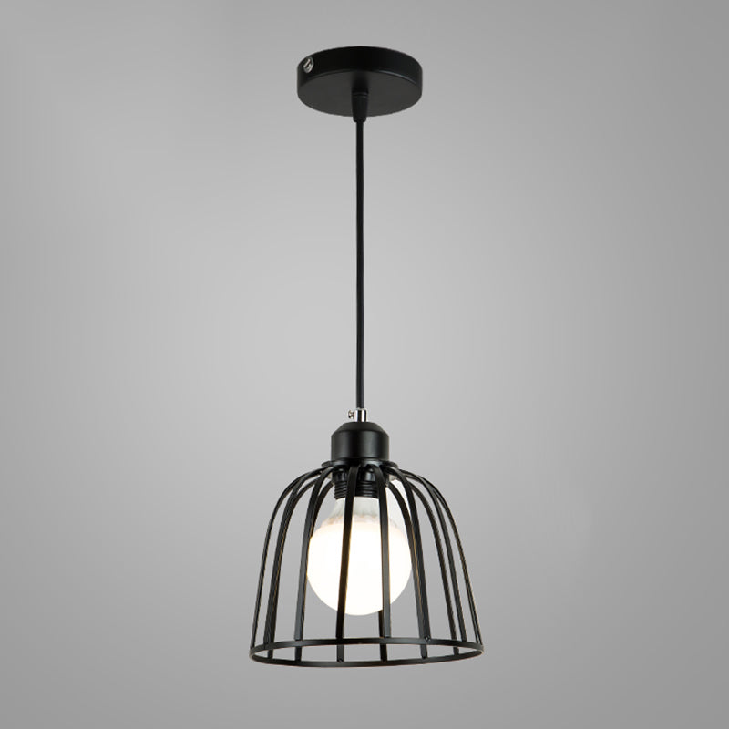 Industrial Cage Pendant Lighting 1-Light Metal Drop Lamp in Black for Restaurant