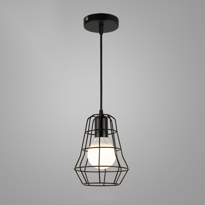 Industrial Cage Pendant Lighting 1-Light Metal Drop Lamp in Black for Restaurant