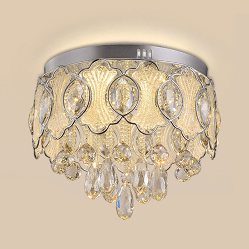 Nickle Drum Ceiling Light Vintage LED Hand-Cut Crystal Flush Mount Lamp for Restaurant