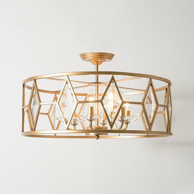 Traditionele trommelplafondmontage Lichte armatuur gesneden kristal 6 lampen Studiezaal Semi Flush Mount Lighting in goud