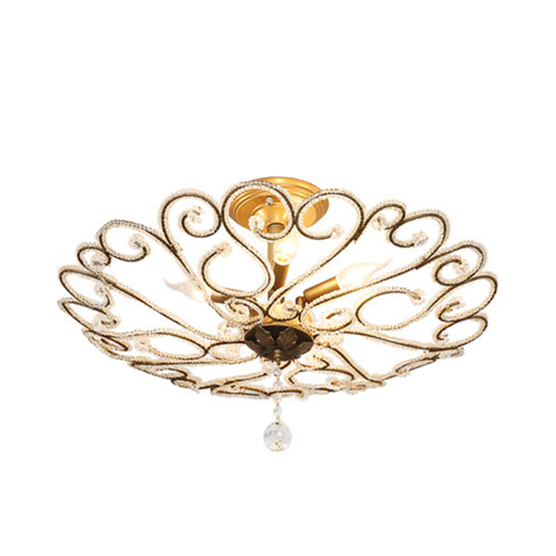 4/5-Light Bedroom Ceiling Flush Modernist Gold Semi Mount Lighting Fixture with Beaded Crystal Shade