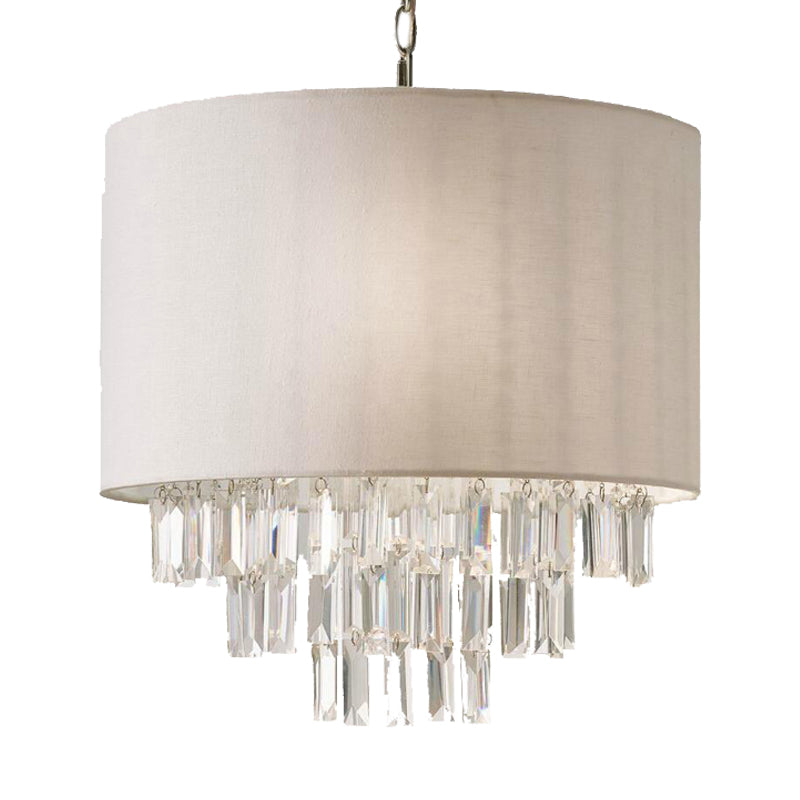 Rectangular-Cut Crystal Drum Hanging Chandelier Modern 3/4 Lights Beige Ceiling Lamp with Fabric Shade
