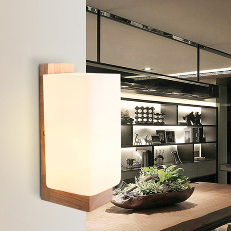 Log Color Rectangular Wall Sconce in Modern Concise Style Wooden 1-Light Wall Lamp with Glass Shade