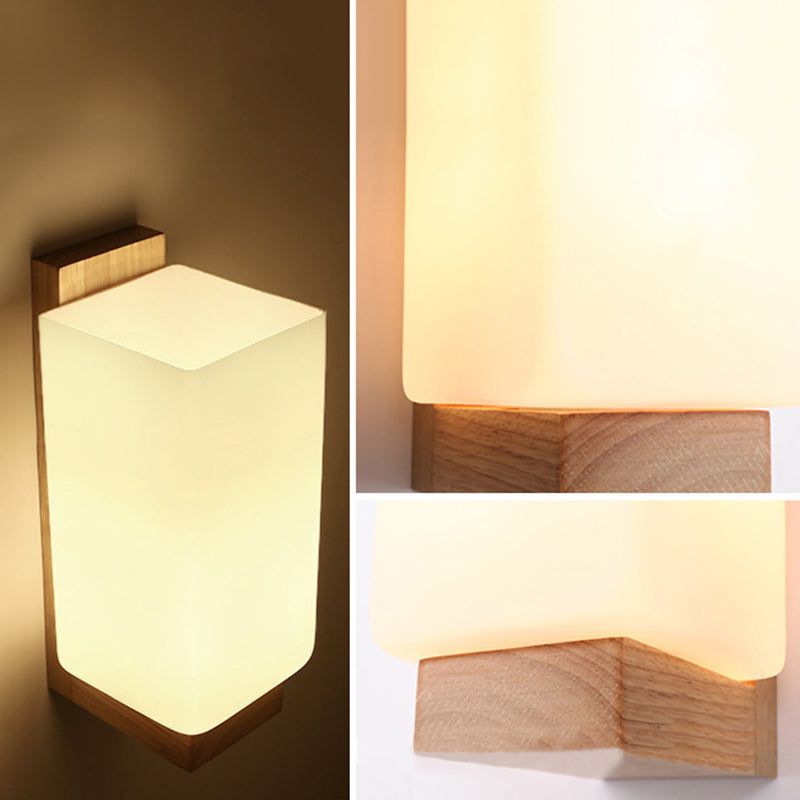 Log Color Rectangular Wall Sconce in Modern Concise Style Wooden 1-Light Wall Lamp with Glass Shade