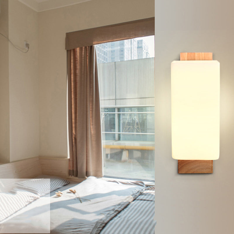 Log Color Rectangular Wall Sconce in Modern Concise Style Wooden 1-Light Wall Lamp with Glass Shade