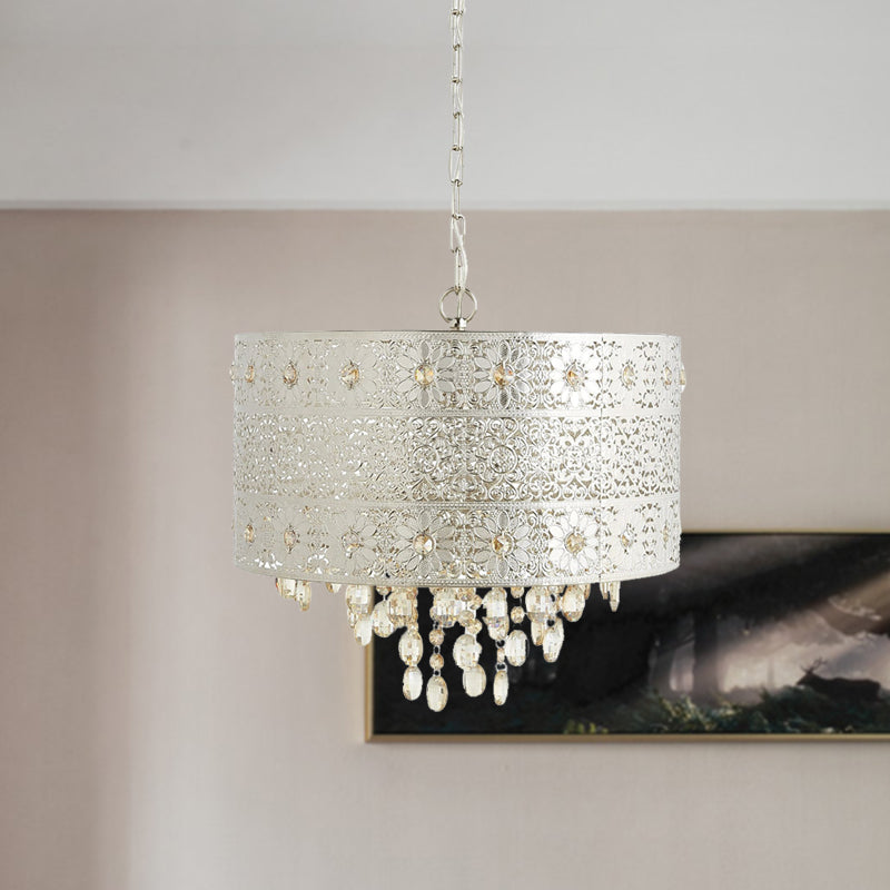 Mid-Century Drum Ceiling Chandelier Clear K9 Crystal 4 Bulbs Dining Table Pendant Lamp in Silver