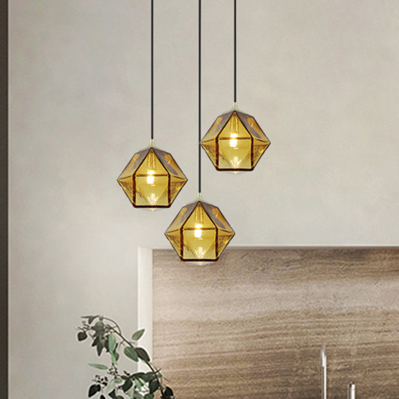 Hexagon Ceiling Lamp Modernism Cognac Glass 1 Bulb Dining Room Hanging Pendant Light