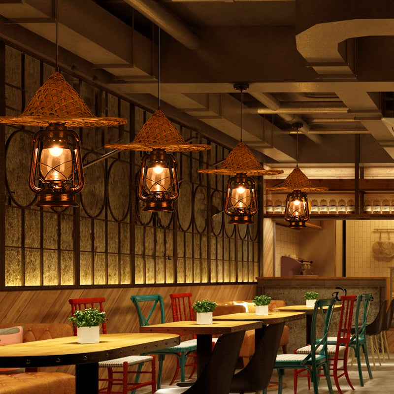 Rustieke hoed schaduw lantaarn hanger 1-licht helder glazen slinger licht in zwart voor restaurant