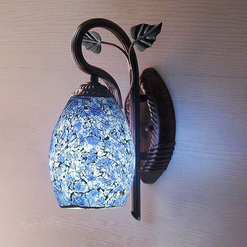 Blue Glass Wall Lamp Elongated Dome 1 Light Mediterranean Sconce Light Fixture for Dining Room