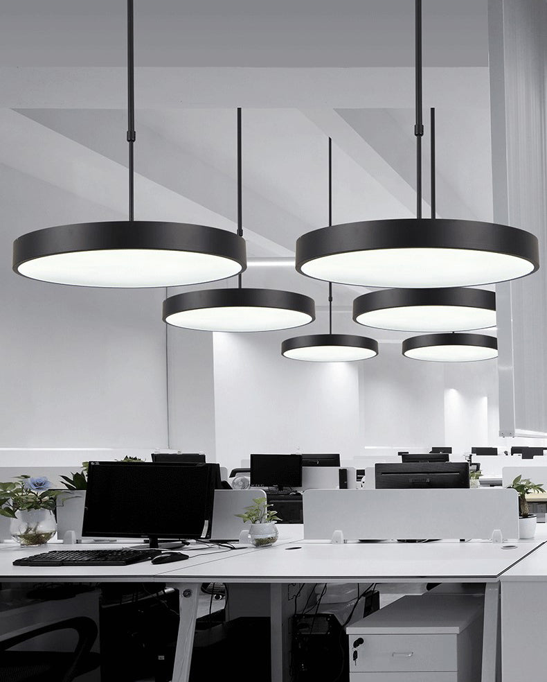 Adjustable Height Round Suspension Lamp Modern Metal Office LED Pendant Light in Black
