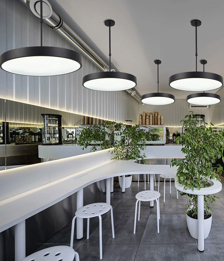 Adjustable Height Round Suspension Lamp Modern Metal Office LED Pendant Light in Black