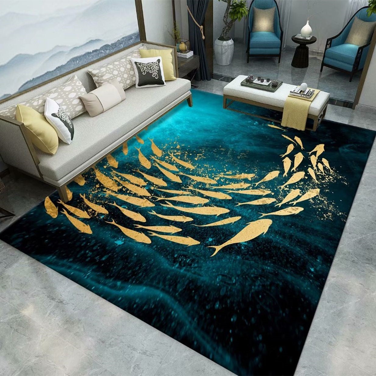Dark Color Chinese Area Carpet Polyester Animals Printing Indoor Rug Easy Care Carpet for Living Room
