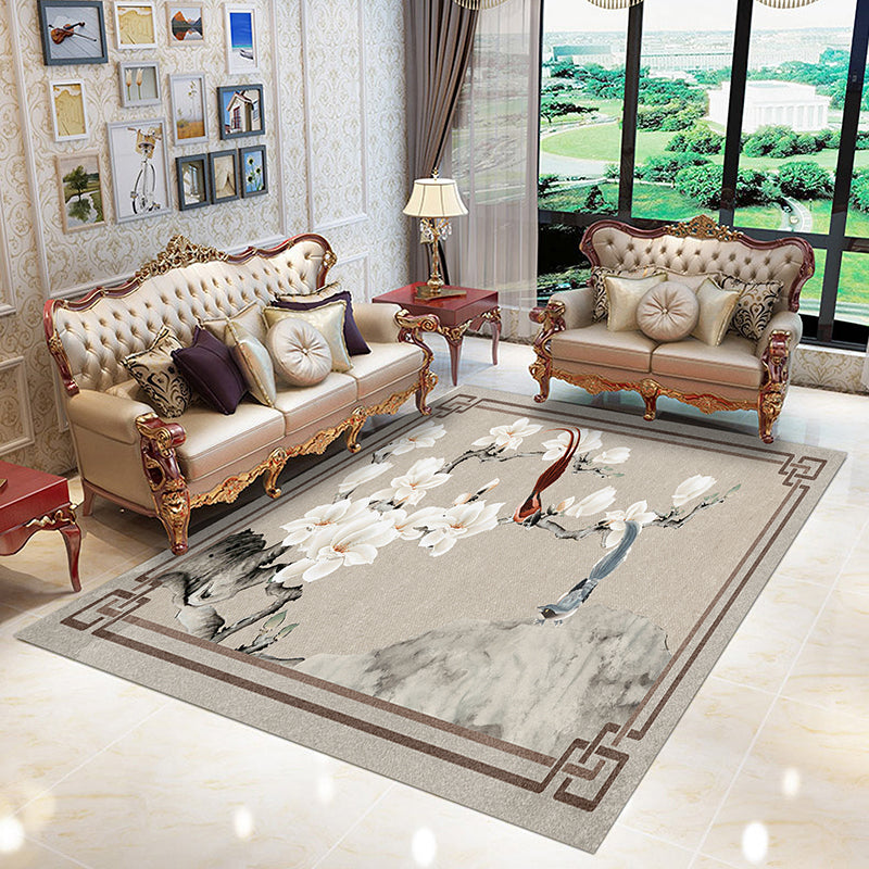 Grey Tone Vintage Area Rug Polyester Antique Print Rug Non-Slip Backing Indoor Rug for Living Room