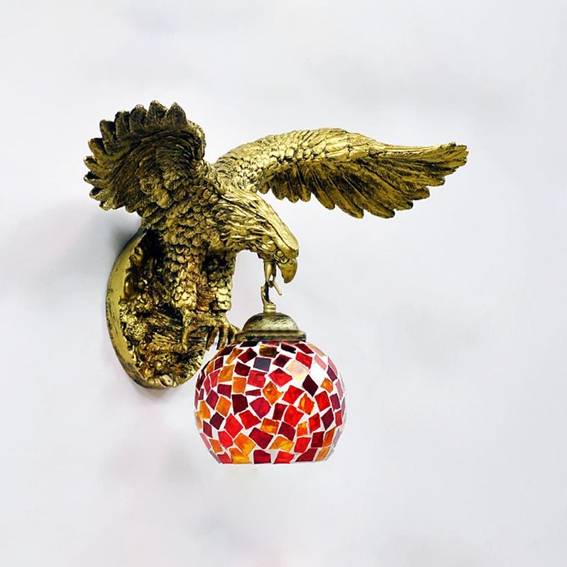 Globe Wall Mounted Lighting Mediterranean White/Beige/Red Glass 1 Light Brass Sconce Light for Outdoor