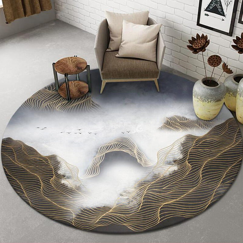 Round White Color Ink Effect Rug Polyester Oriental Carpet Non-Slip Backing Indoor Rug for Living Room